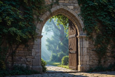 Open Wooden Door in Ivy-Covered Stone Archway