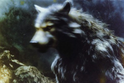 Gray wolf snarling on rocks