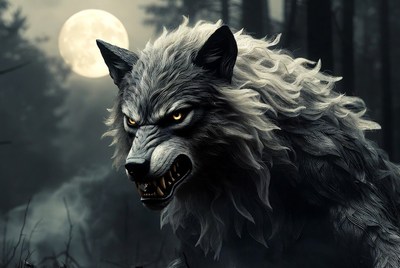 Growling Wolf in Moonlit Forest