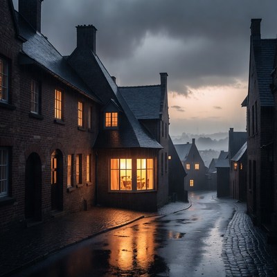 Rainy Cobblestone Street with Lit Houses