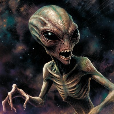 Roaring green alien in space