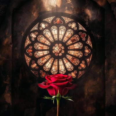 Red Rose Before Gothic Stained Glass Window
