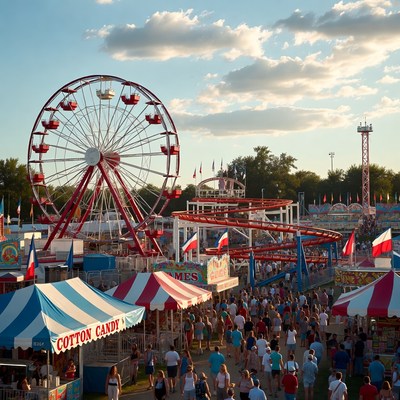 Crowded Fairground with Ferris Wheel