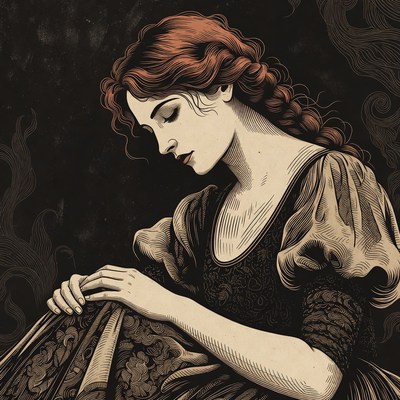 Redhead woman sewing vintage dress