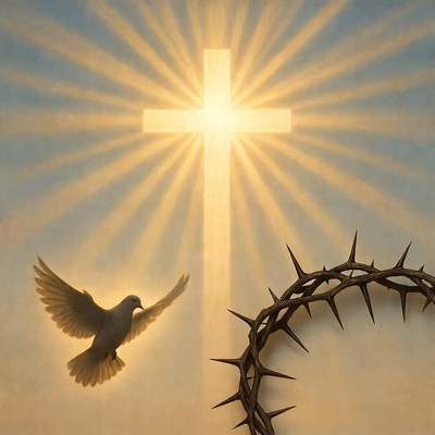 Dove Flying Near Glowing Cross and Crown of Thorns