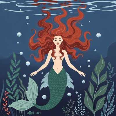 Red-haired mermaid floating underwater
