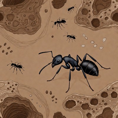 Black ants on textured ground illustration