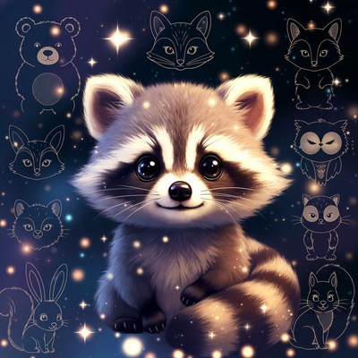 Cute raccoon with forest animals