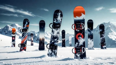 Colorful Snowboards on Snowy Mountain Slope