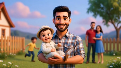 Father holding baby with family