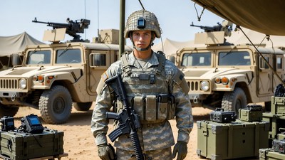 Soldier standing with Humvees