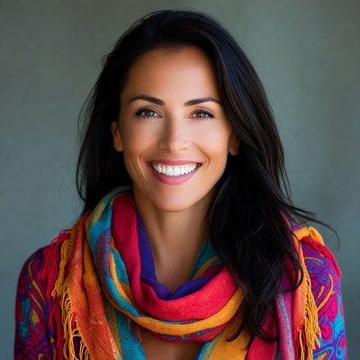 Smiling woman in colorful scarf