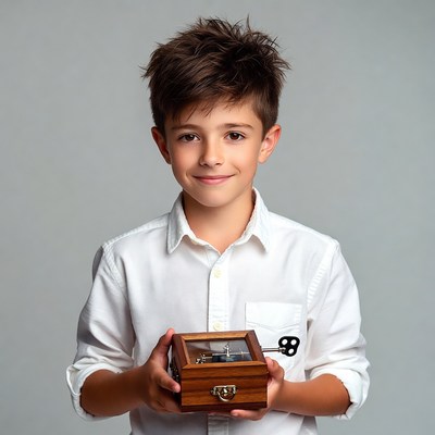Boy holding wooden music box