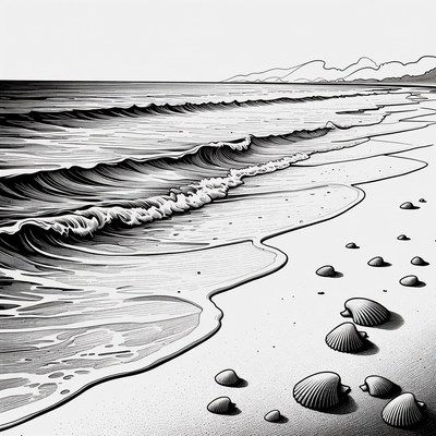 Waves crashing on beach with seashells