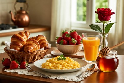 Breakfast with Croissants Strawberries Scrambled Eggs