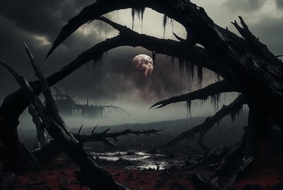 Blood Moon Over Twisted Dead Trees