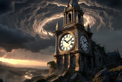 Ruined Clock Tower in Stormy Landscape