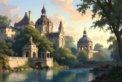 Majestic Riverside Castle with Domes