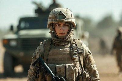 Female soldier with rifle near tank