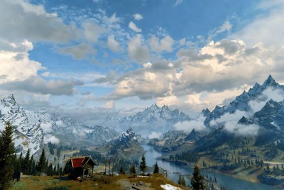 Red Cabin Overlooking Snowy Mountains Lake