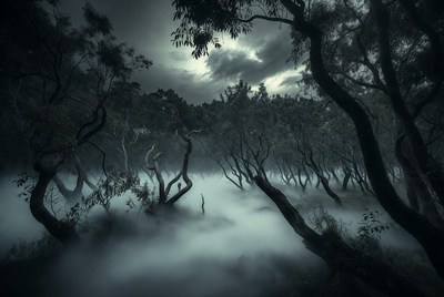 Misty Twisted Trees in Dark Forest