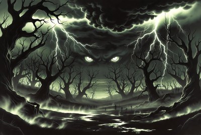 Eerie Glowing Eyes in Stormy Haunted Forest
