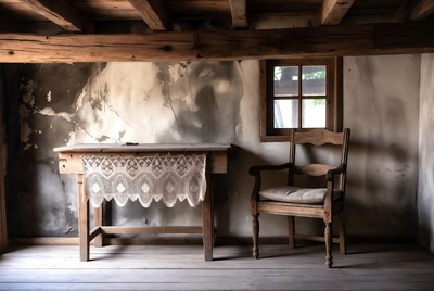 Wooden Table and Chair in Rustic Room