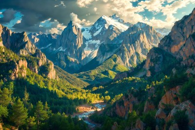 Majestic Snowy Mountains with River Valley