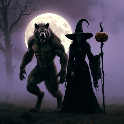Witch and Werewolf under Full Moon