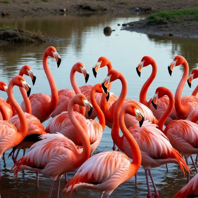 Flock of flamingos in shallow water