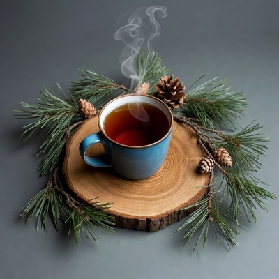 Hot Tea Cup with Pine Branches