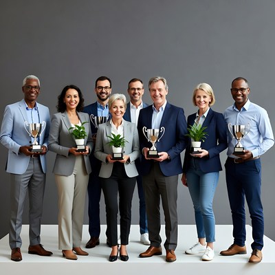 Diverse business team holding trophies