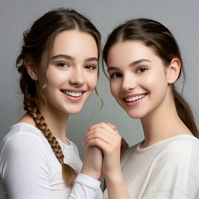 Two smiling teenage girls holding hands