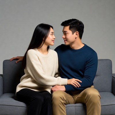 Asian couple sitting on couch