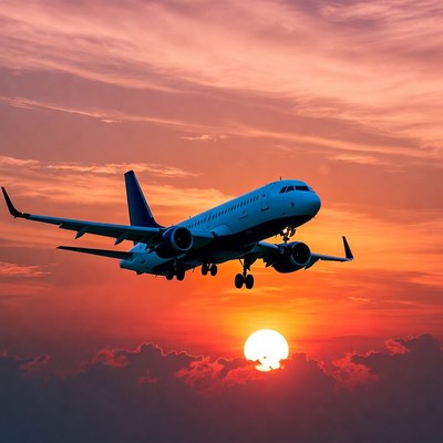 Airplane flying over sunset