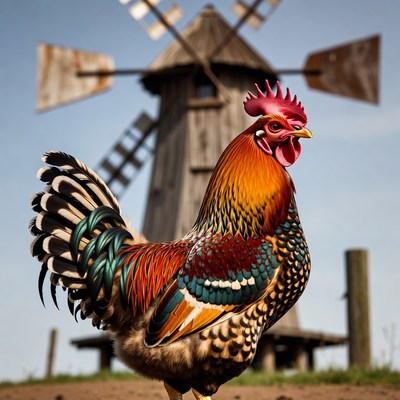 Colorful Rooster in Front of Windmill