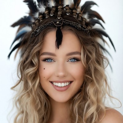 Woman smiling in Native American headdress