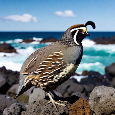 California Quail on rocky beach