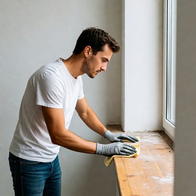 Man cleaning windowsill with rag