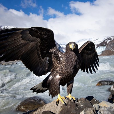 Bald eagle spreading wings by river