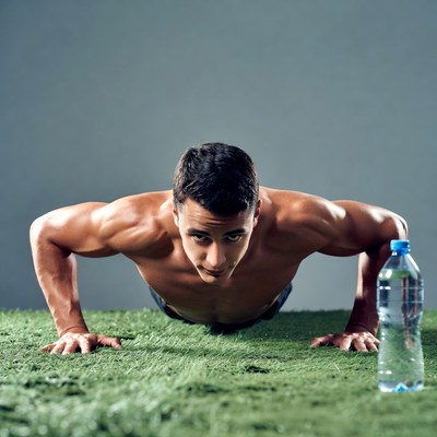 Muscular man doing pushups on grass