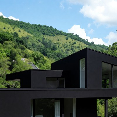 Black modern house on green hillside
