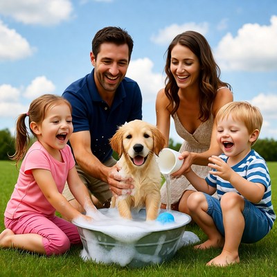 Family bathing golden retriever puppy outdoors
