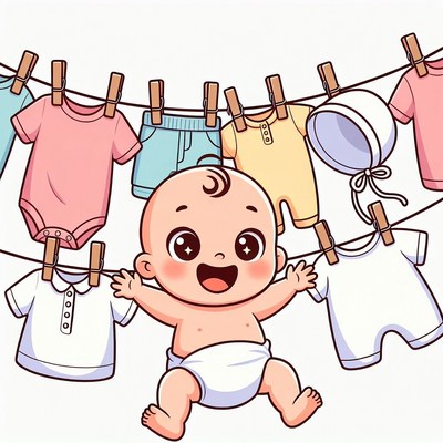 Baby hanging colorful baby clothes on line