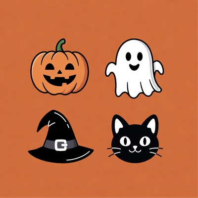Halloween Icons: Pumpkin Ghost Witch Cat