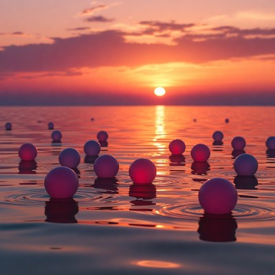 Pink floating balls at sunset sea