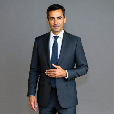 Man in gray suit with hands clasped