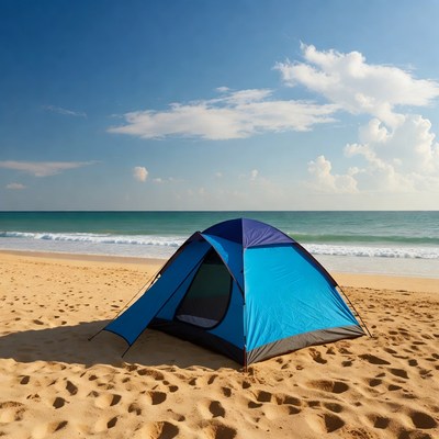Blue tent on sandy beach