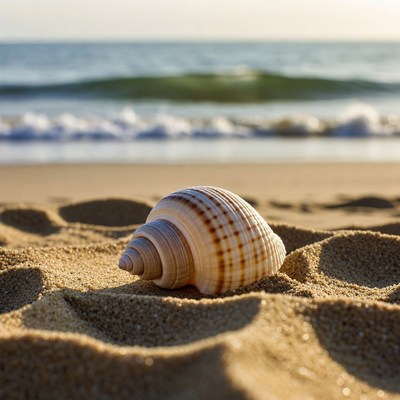 Seashell on beach by ocean