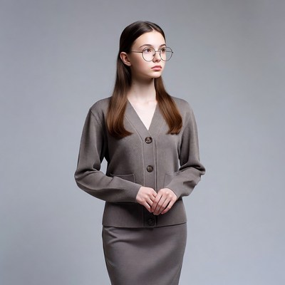 Young woman in gray cardigan and skirt